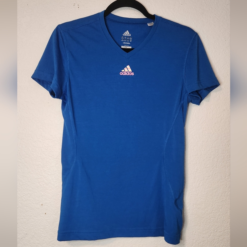 Adidas Blue V-Neck Activewear Short Sleeve Top,‎ Size M